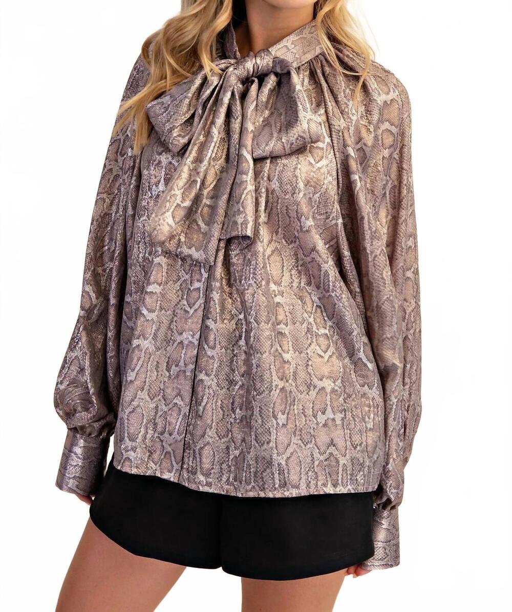 NEW GLAM viper bow silky shirt in brown
